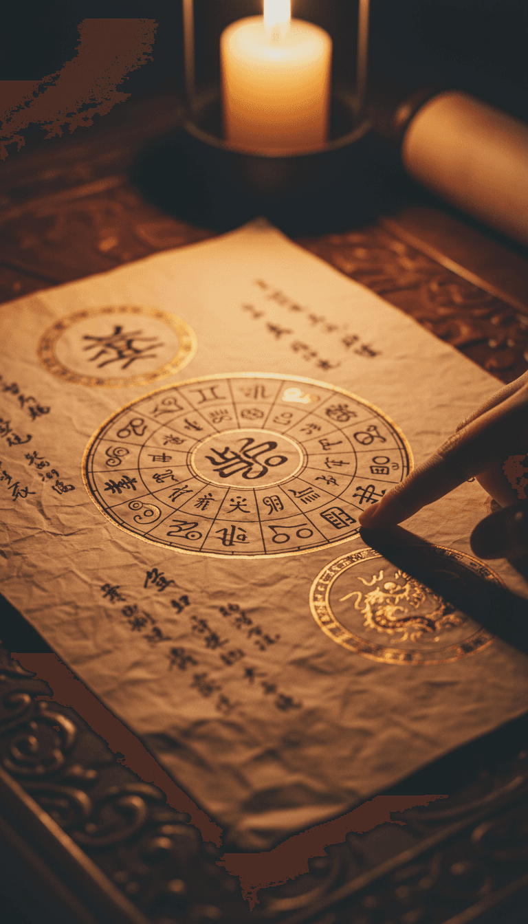 Ancient BaZi chart with celestial symbols and calligraphy